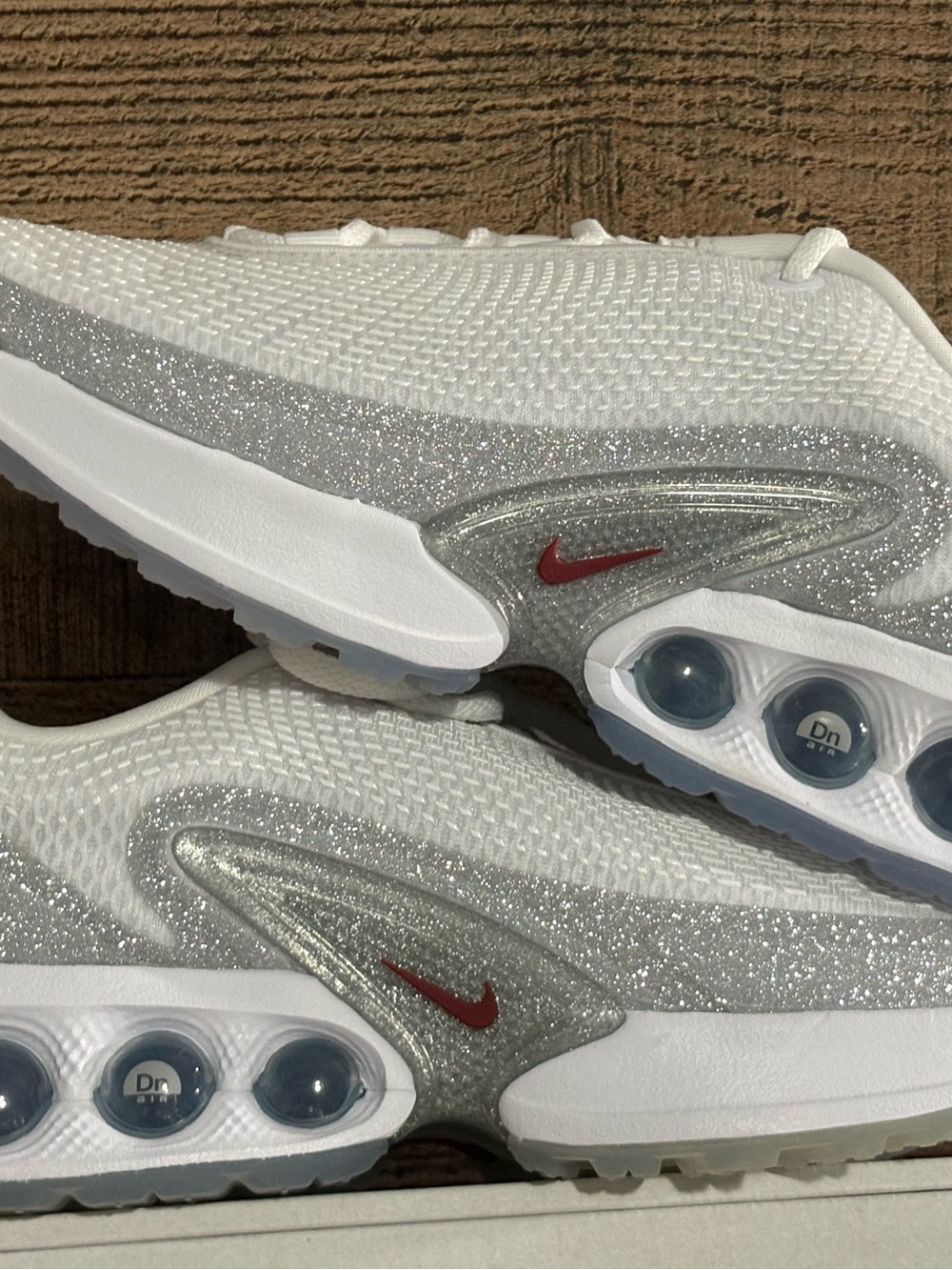 Nike White & Silver Glitter Air Cushion Running Shoes with Red Swoosh
